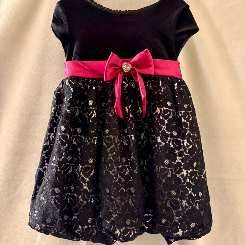 Youngland Black Dress with Pink Bow and Lace